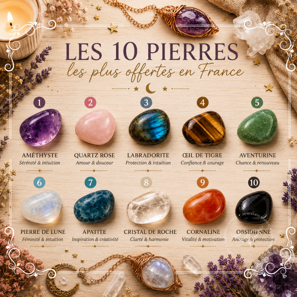 Découvrez les 10 pierres naturelles les plus offertes en France, leur symbolique et leurs traditions. Trouvez la pierre idéale pour offrir un talisman ou un bijou spirituel unique.