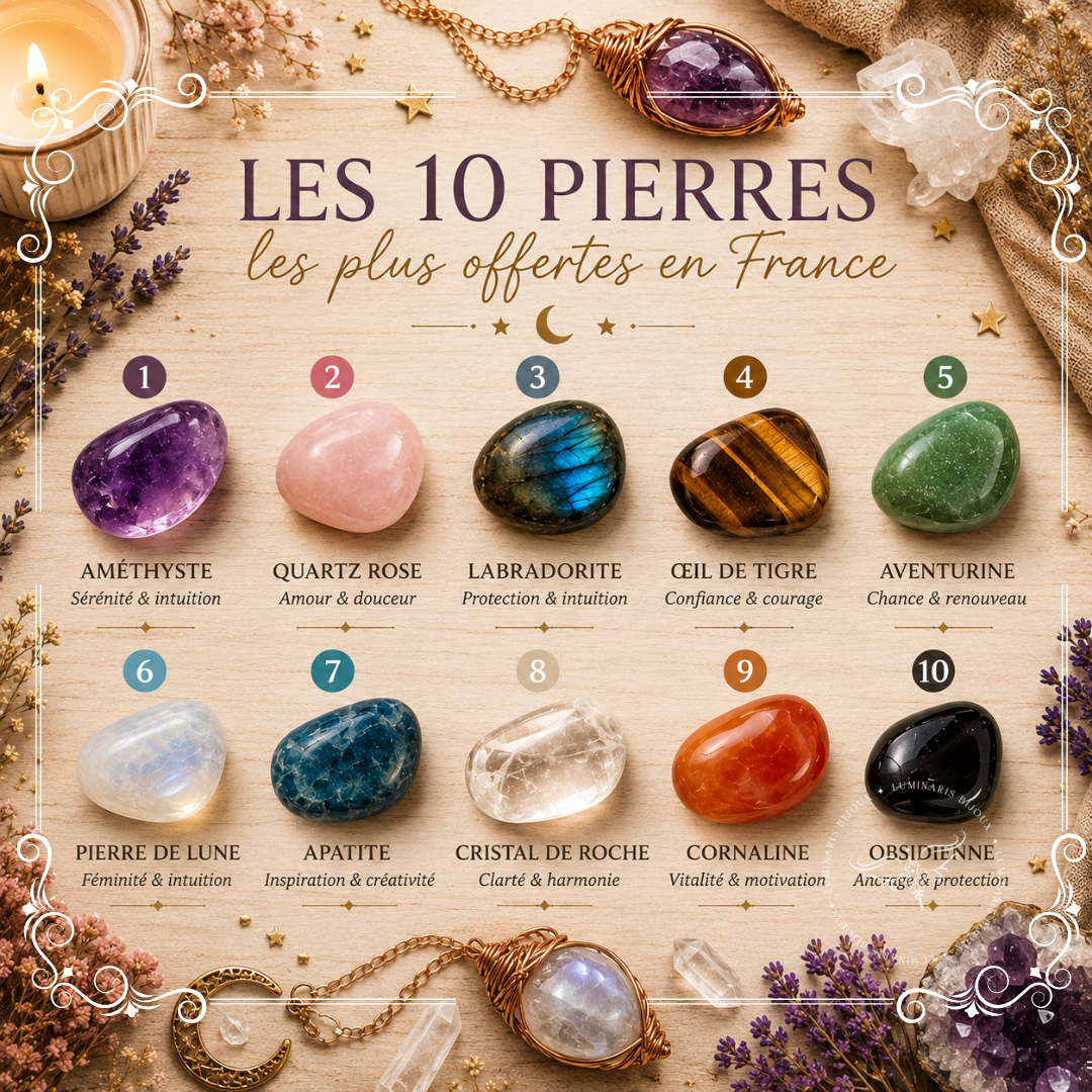 Découvrez les 10 pierres naturelles les plus offertes en France, leur symbolique et leurs traditions. Trouvez la pierre idéale pour offrir un talisman ou un bijou spirituel unique.